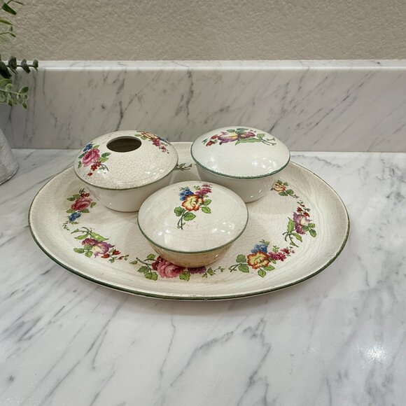 Antique English Earthenware Vanity Tray with Hair Receiver/Vanity bowl Set - Picture 12 of 17